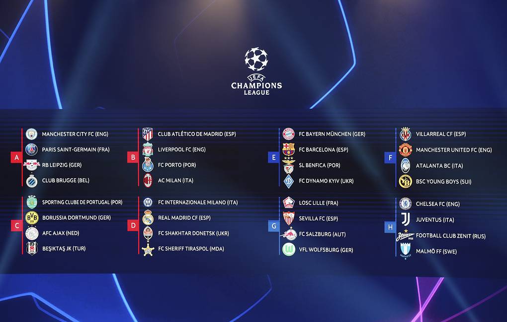 epa09430800 The Champions League draw on display during the UEFA Draw and Awards Ceremony at the Halic Congress Center in Istanbul, Turkey, 26 August 2021.  EPA-EFE/TOLGA BOZOGLU